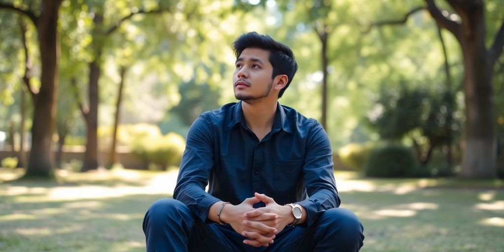 Verhaltenstherapie: Nachdenkliche Person sitzt im Freien.