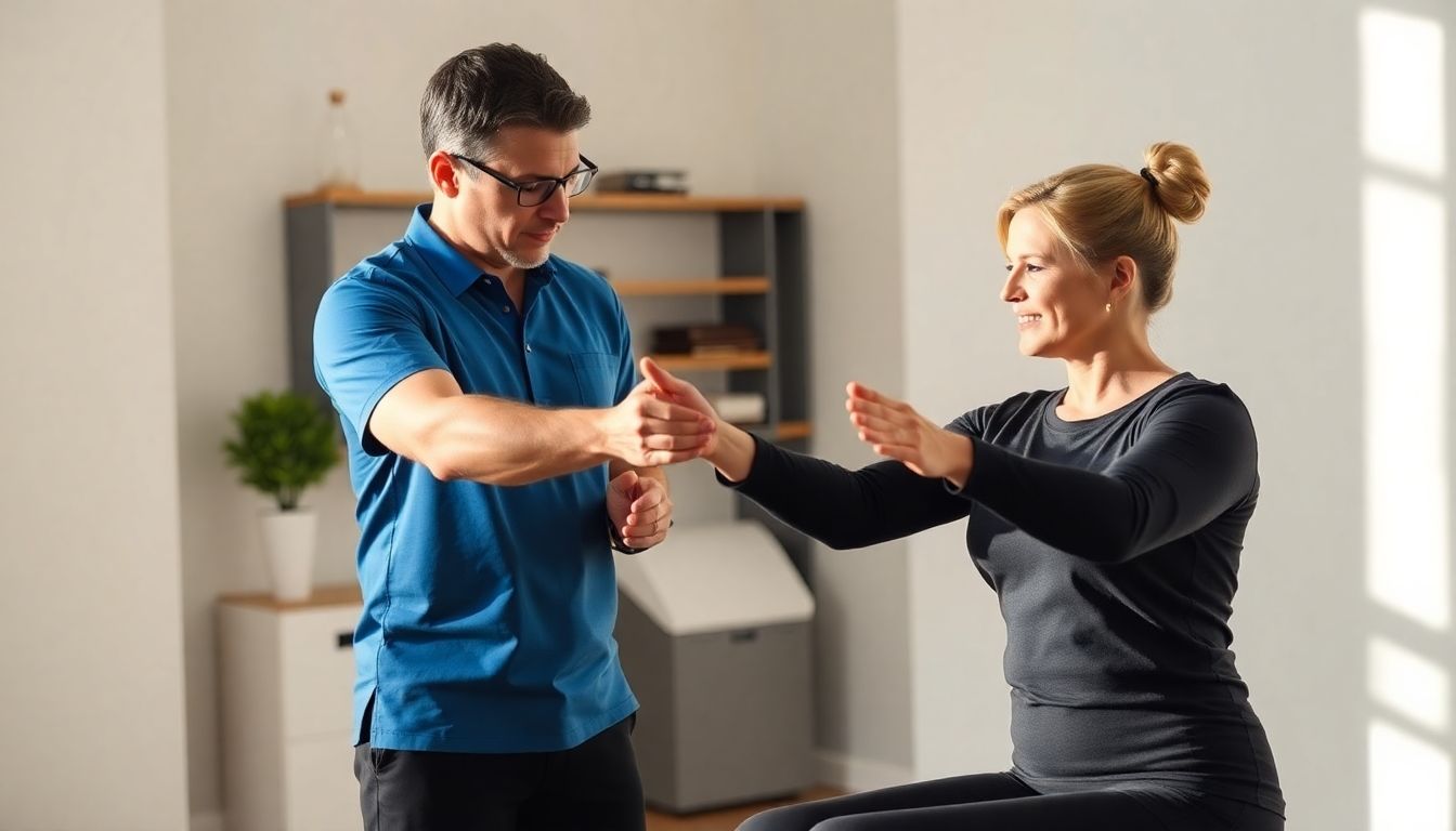 Progressiven Muskelentspannung: Physiotherapeut erklärt Entspannungstechnik einem Patienten.