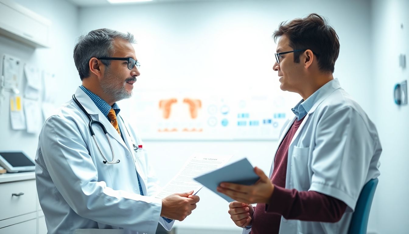 Lues: Doctor consulting with patient in a bright medical office.