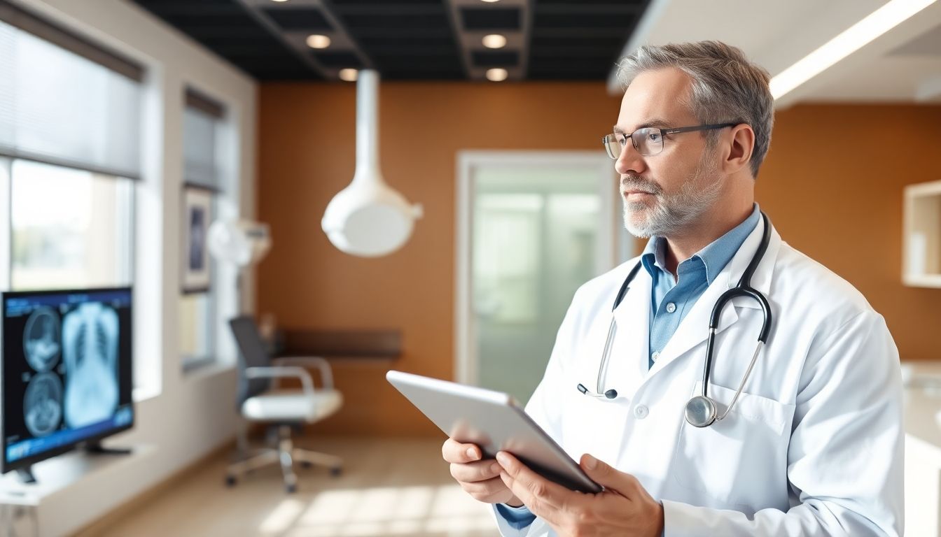 Whipple-Operation: Doctor holding a tablet in a bright, modern medical setting.