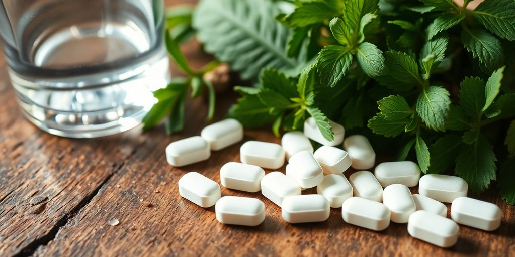 Enzymtherapie: Tabletten, Kräuter und ein Glas Wasser auf einem Holztisch.