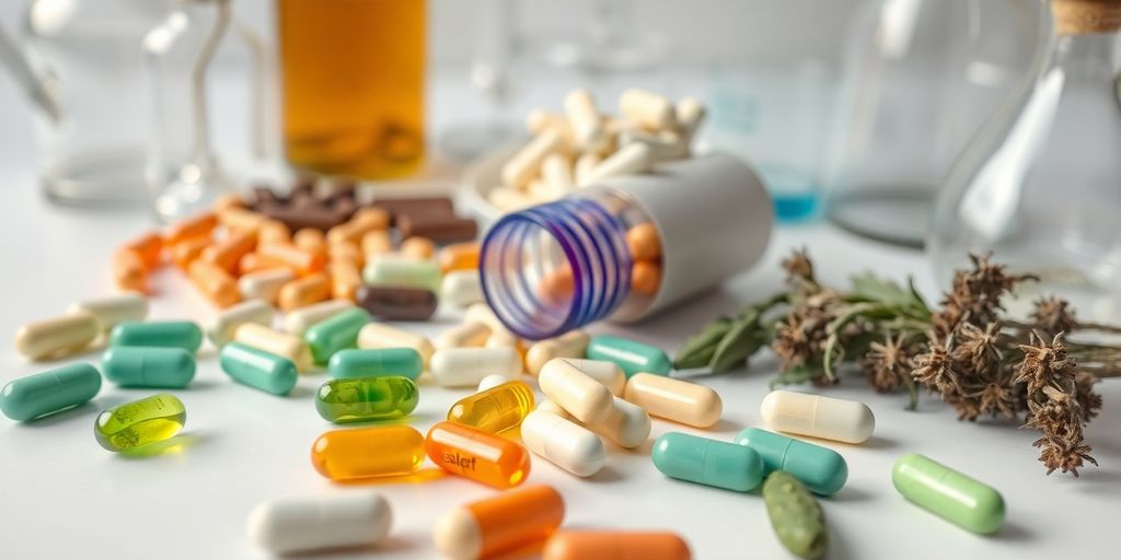 Enzymtherapie: Tabletten, Kräuter, und Laborgeräte auf einem Tisch.
