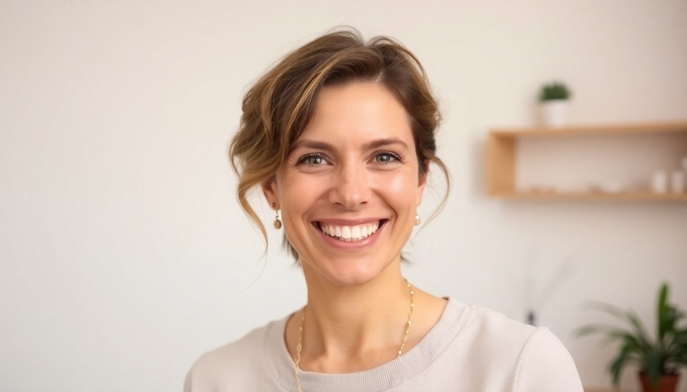 Heilpraktiker lächelt in heller Praxis, Globuli im Hintergrund.