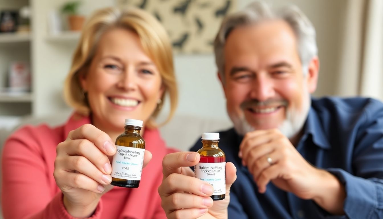 Globuli: Smiling couple holding globuli bottles.