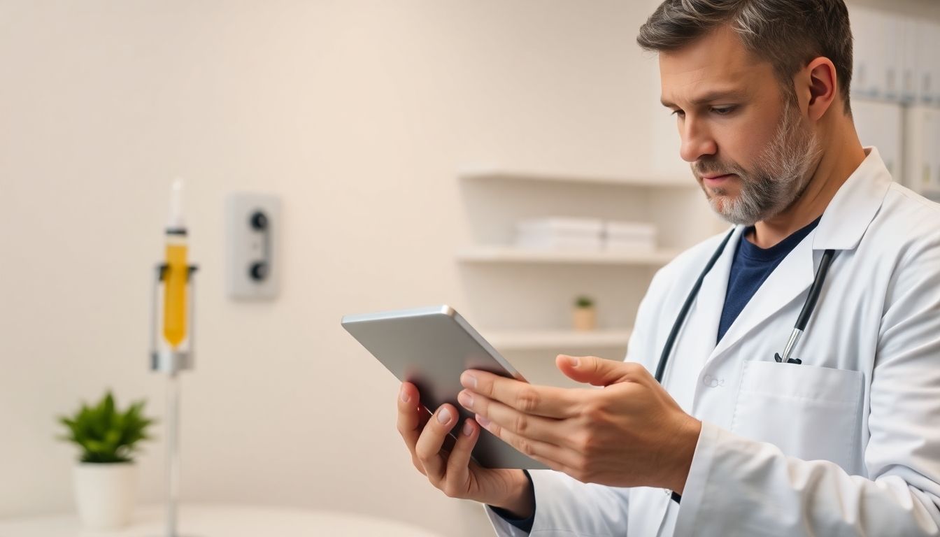Vitamin-C-Infusion: Arzt mit Tablet in heller Praxisumgebung
