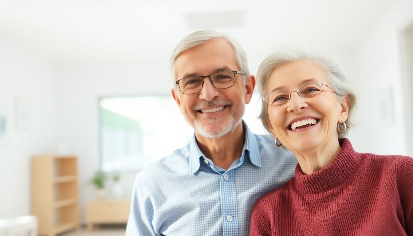 Vitamin-C-Infusion in der Altersmedizin: Smiling elderly couple in a bright, modern clinic.