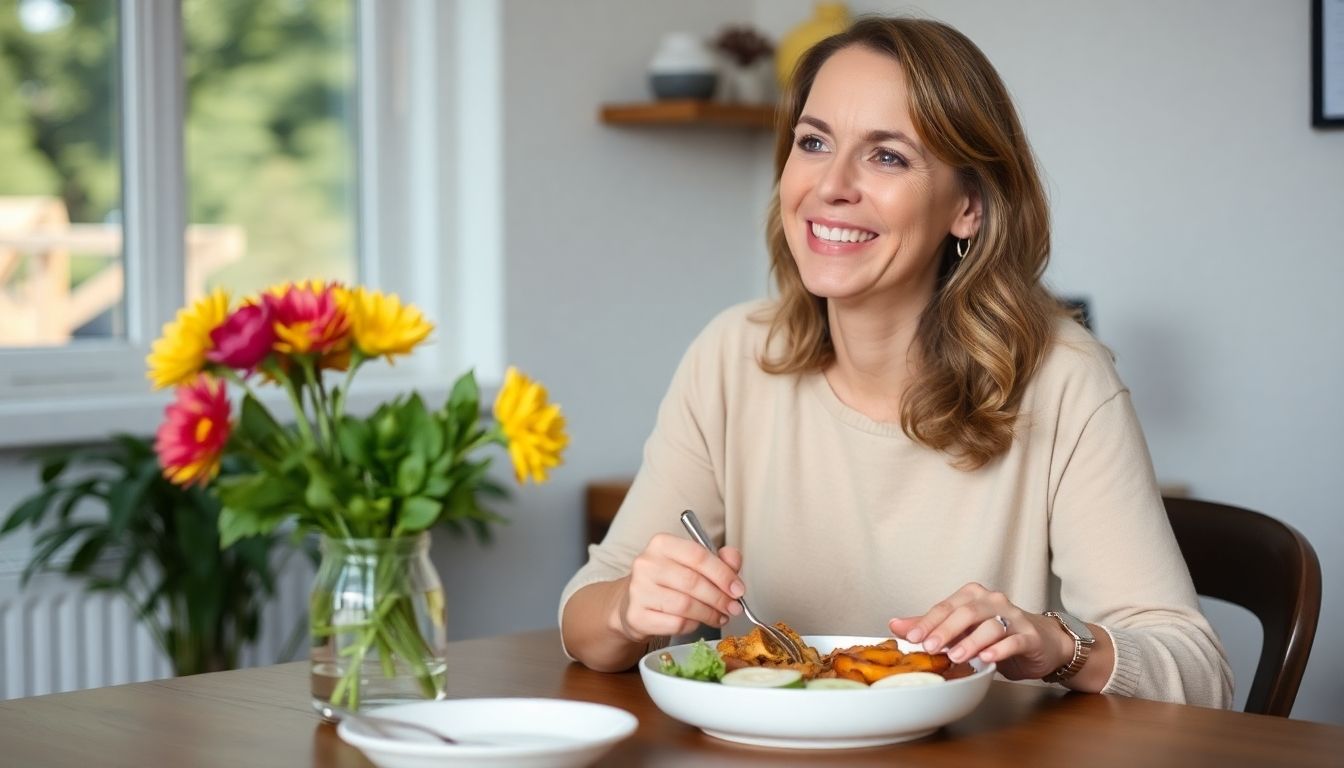 Glutenfreie Mahlzeit: Frau genießt eine bunte, glutenfreie Mahlzeit.