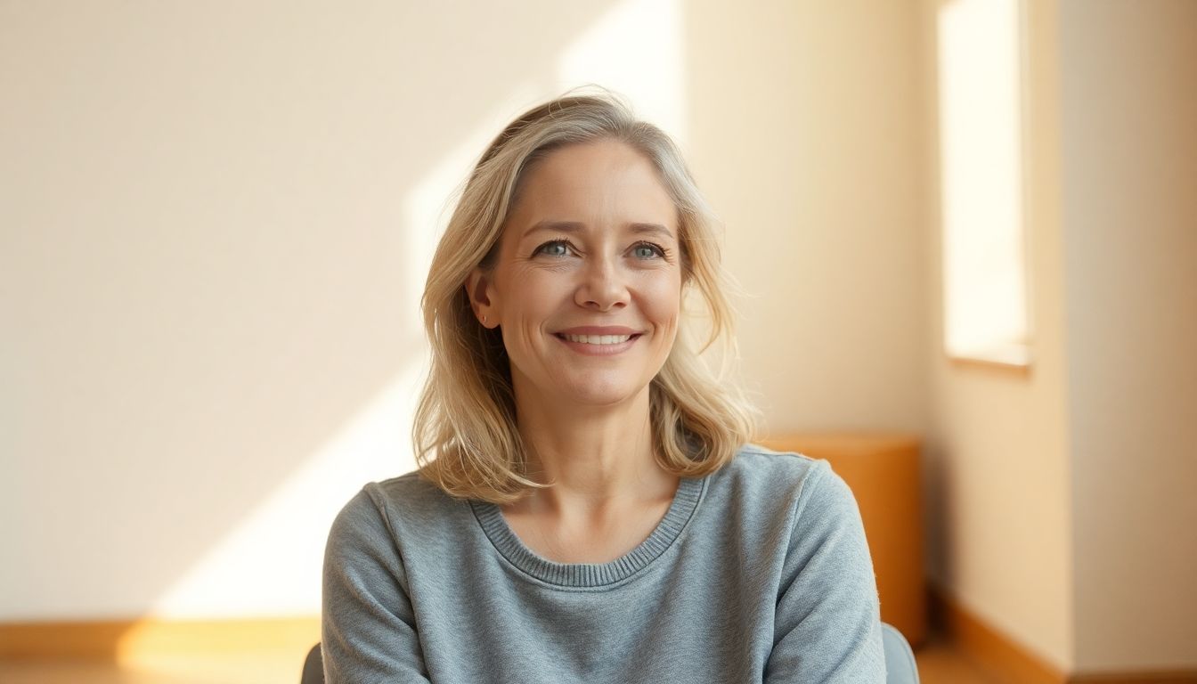 Gesprächstherapie: Eine lächelnde Frau in einer hellen, offenen Umgebung.