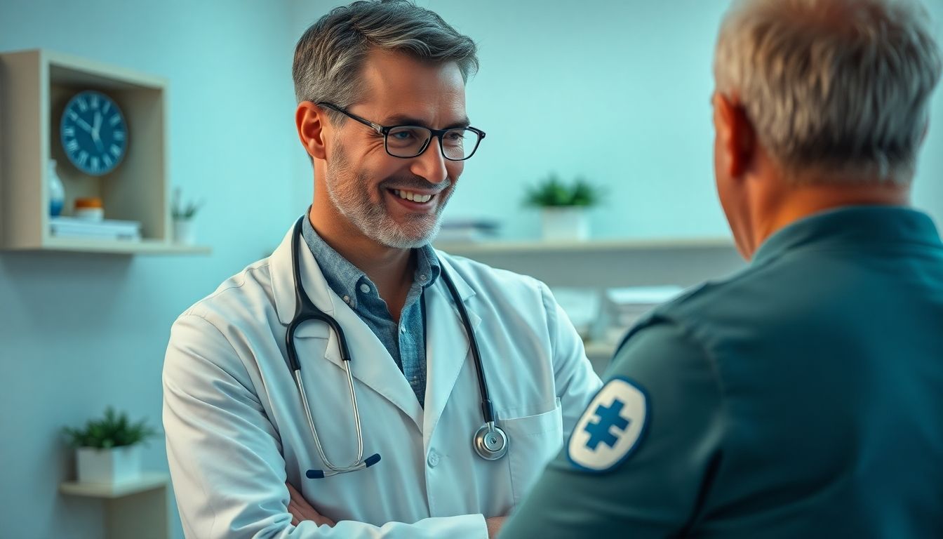 Arzt mit Gilchrist-Verband lächelt Patienten an.