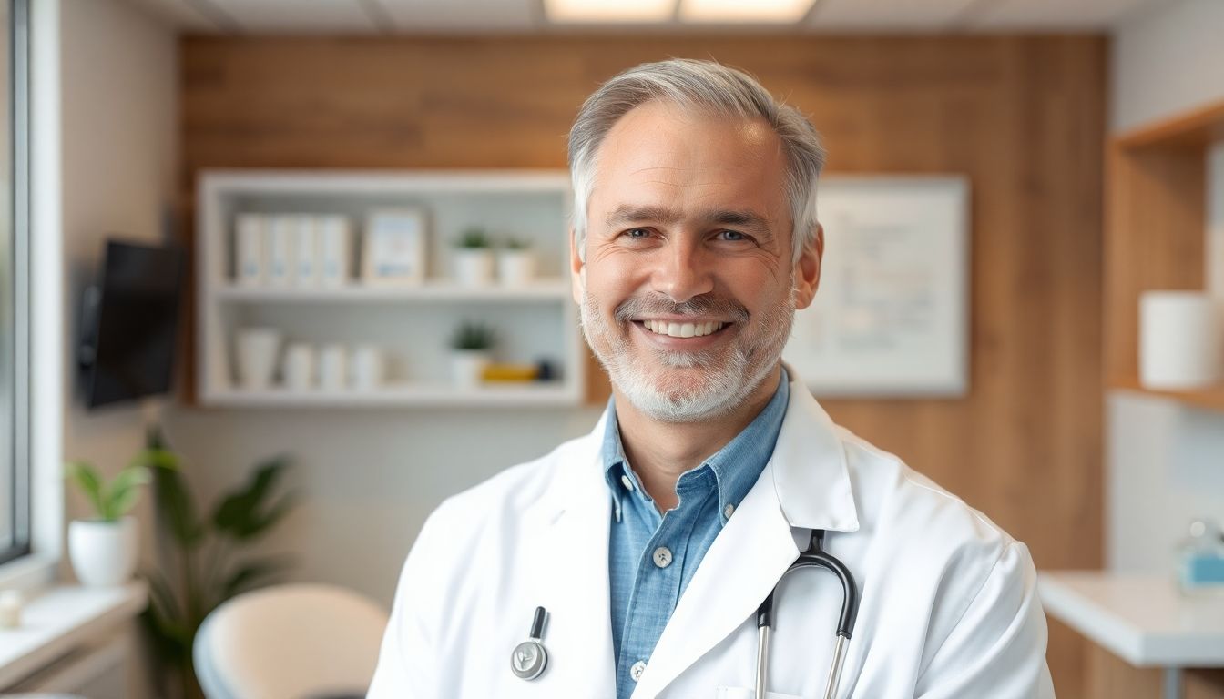Veneers: Zahnarzt lächelt in heller Praxis