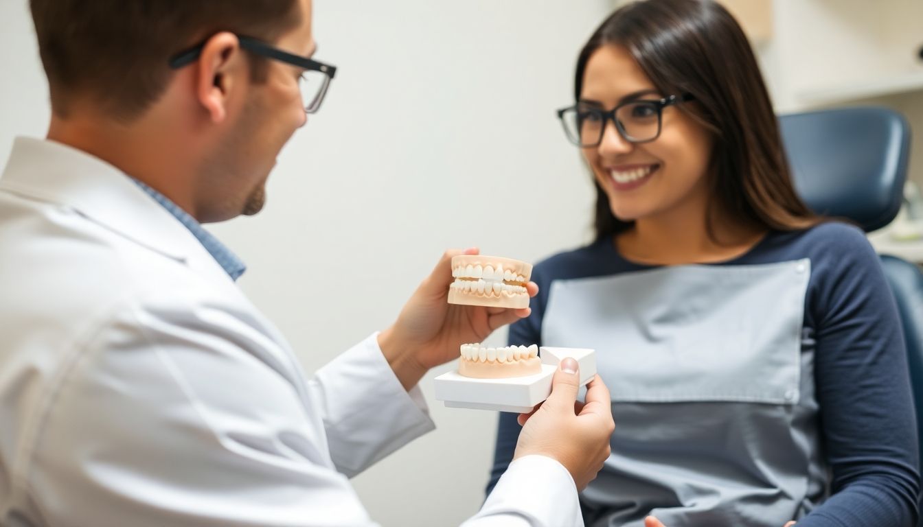 Dentist consulting with a patient about a dental bridge.