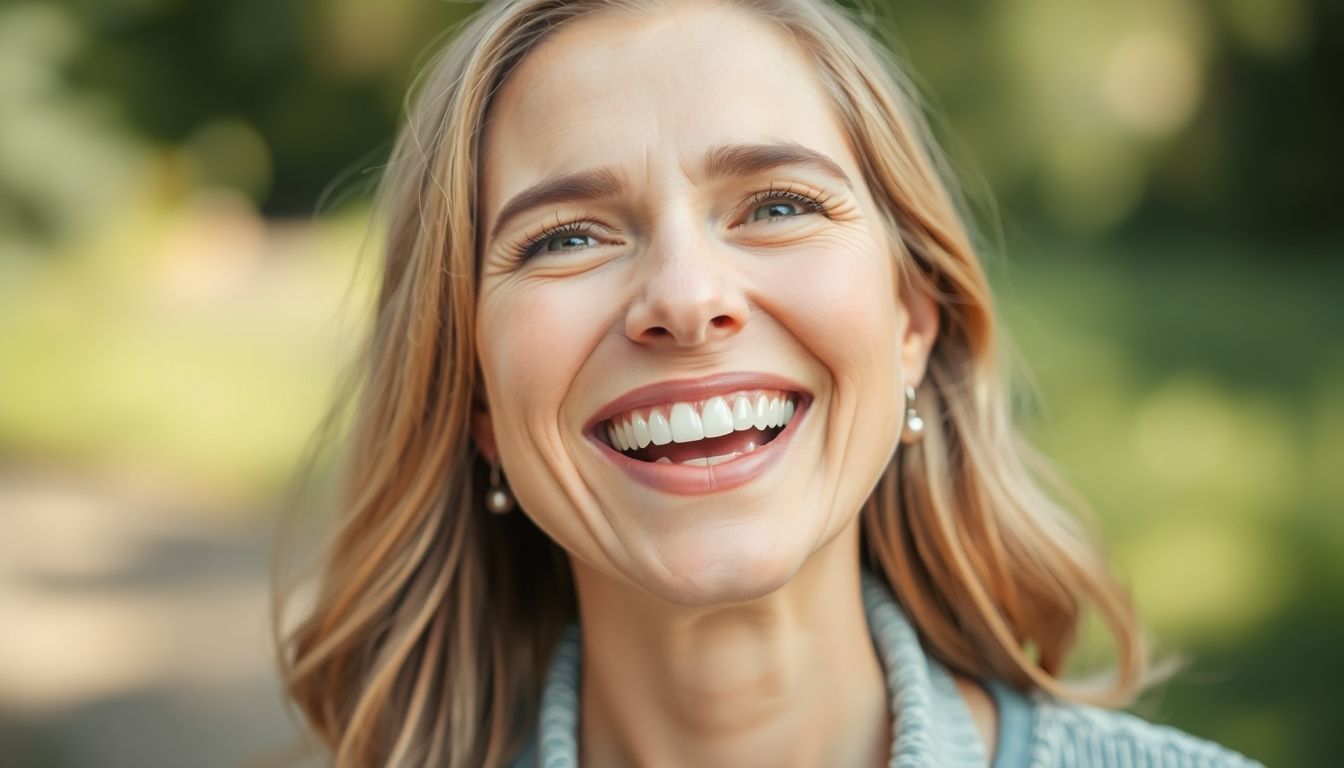 Frau lächelt mit einer Zahnbrücke.