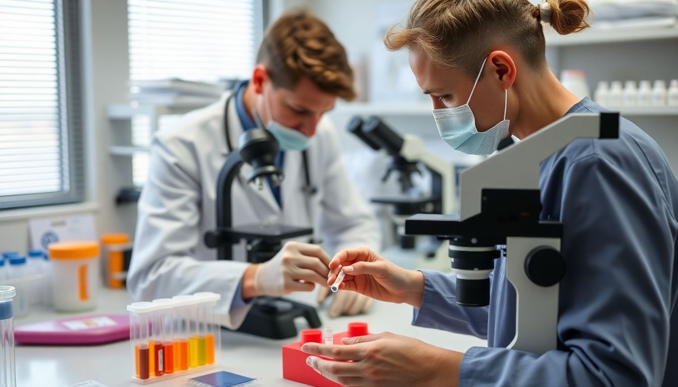 Diagnose der Insektengiftallergie: Doctor examining blood samples for insect venom allergy testing.