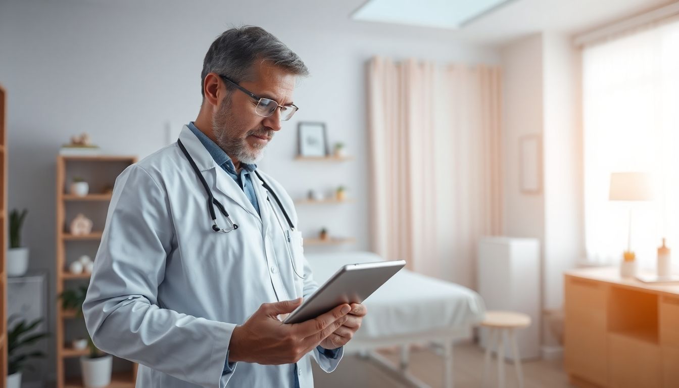 Manuelle Lymphdrainage: Arzt mit Tablet in heller Praxisumgebung