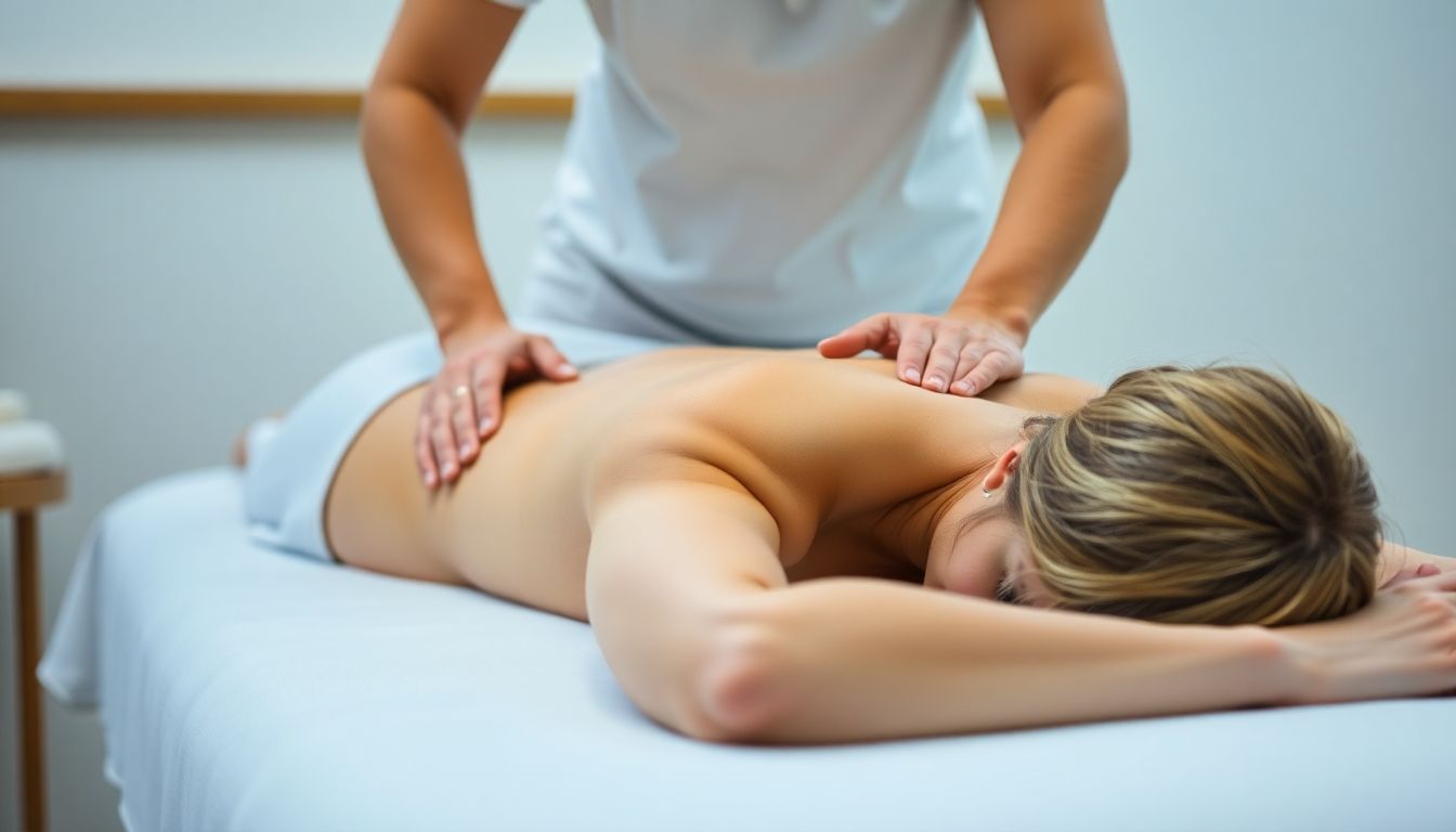 Rolfing: Therapeut arbeitet an der Schulter eines liegenden Patienten.