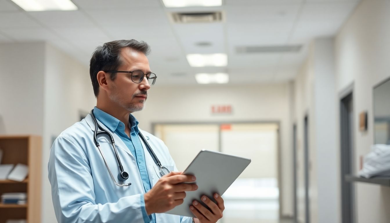 Stammzelltransplantation: Doctor holding a tablet in a bright medical setting.