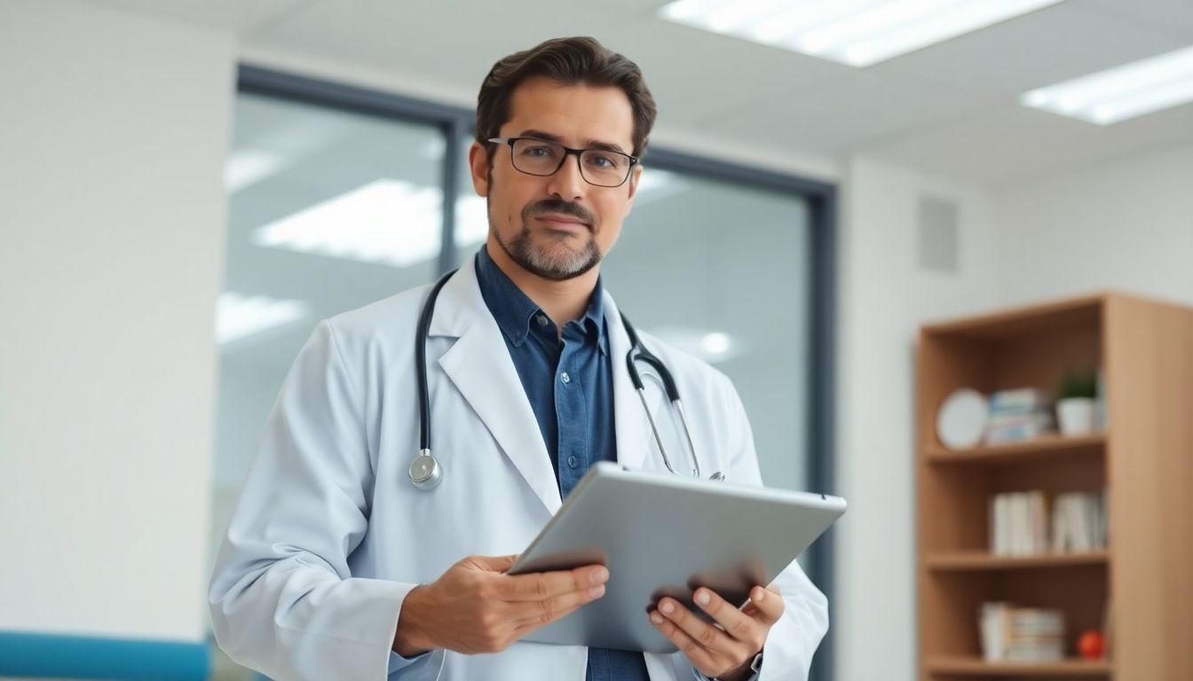 Arzt mit Tablet in heller Umgebung