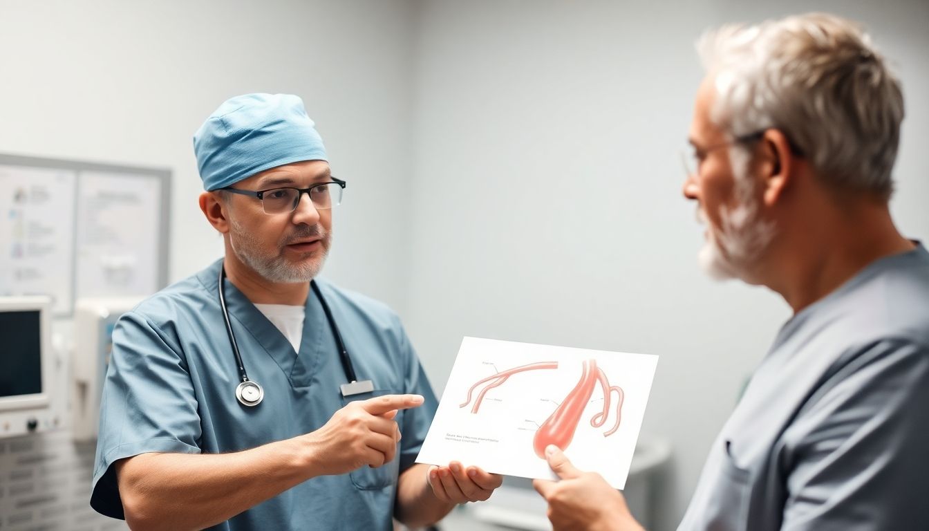 Thrombendarteriektomie: Doctor discussing a vascular surgery procedure with a patient.