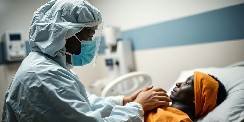 Gesundheitsarbeiter in Schutzkleidung bei Ebola-Behandlung.