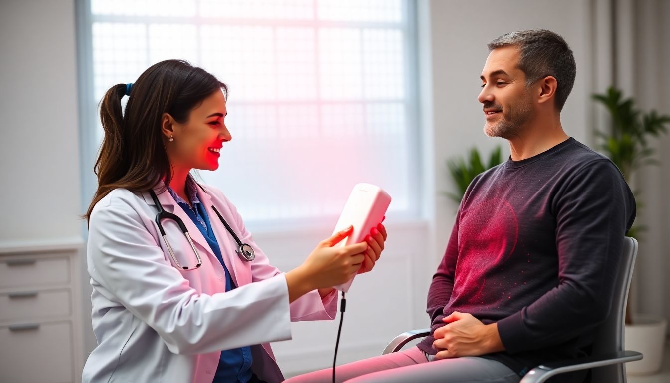 Doctor and patient in a bright practice using red light therapy.