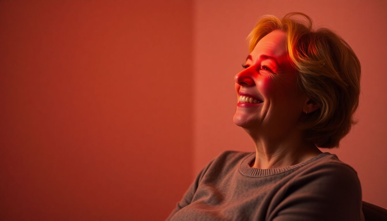 Frau lächelt entspannt, während sie Rotlichttherapie anwendet.