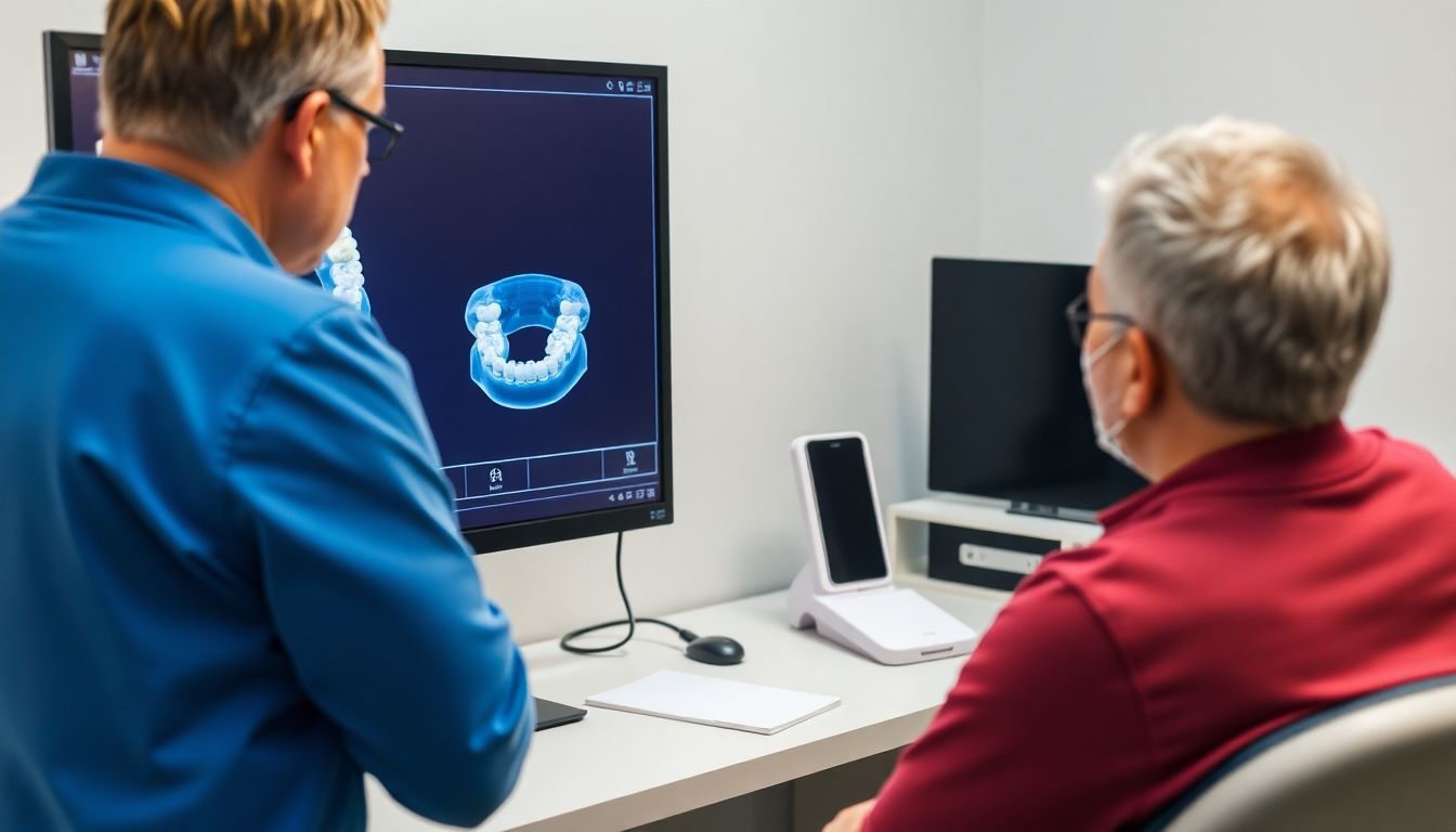 Zahnarzt untersucht einen Patienten mit unsichtbarer Zahnspange.