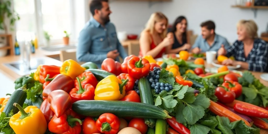 Buntes Gemüse und glückliche Menschen.