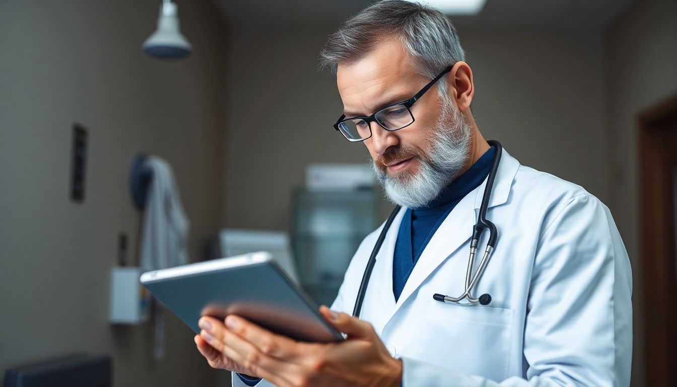 Methoden des Debridements im Überblick: Arzt mit Tablet in heller Umgebung, der eine Wunde betrachtet.