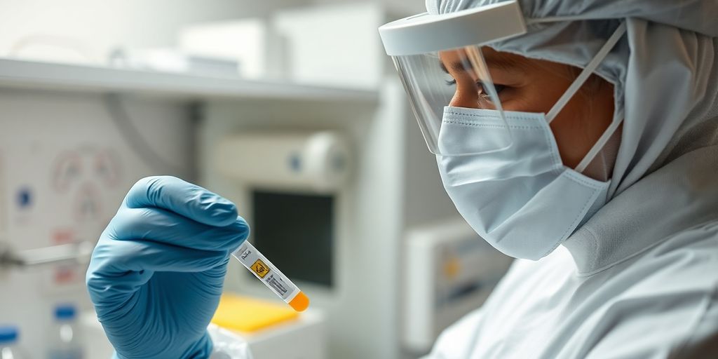 Ebola: Laboratory scene mit medizinischem Fachpersonal in Schutzausrüstung.