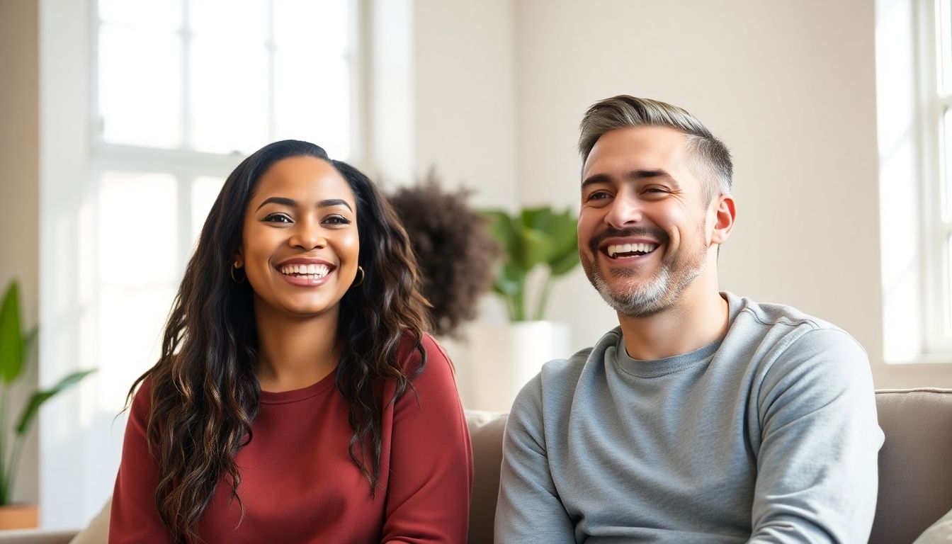 Permanente Verhütung: Smiling couple in a bright, modern setting, discussing contraception.