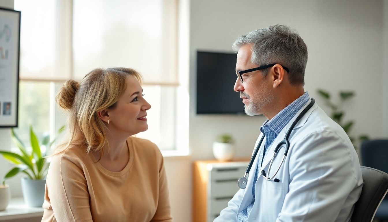 Rechtliche und ethische Aspekte der Verhütung: Doctor and patient discussing contraception in a modern clinic.