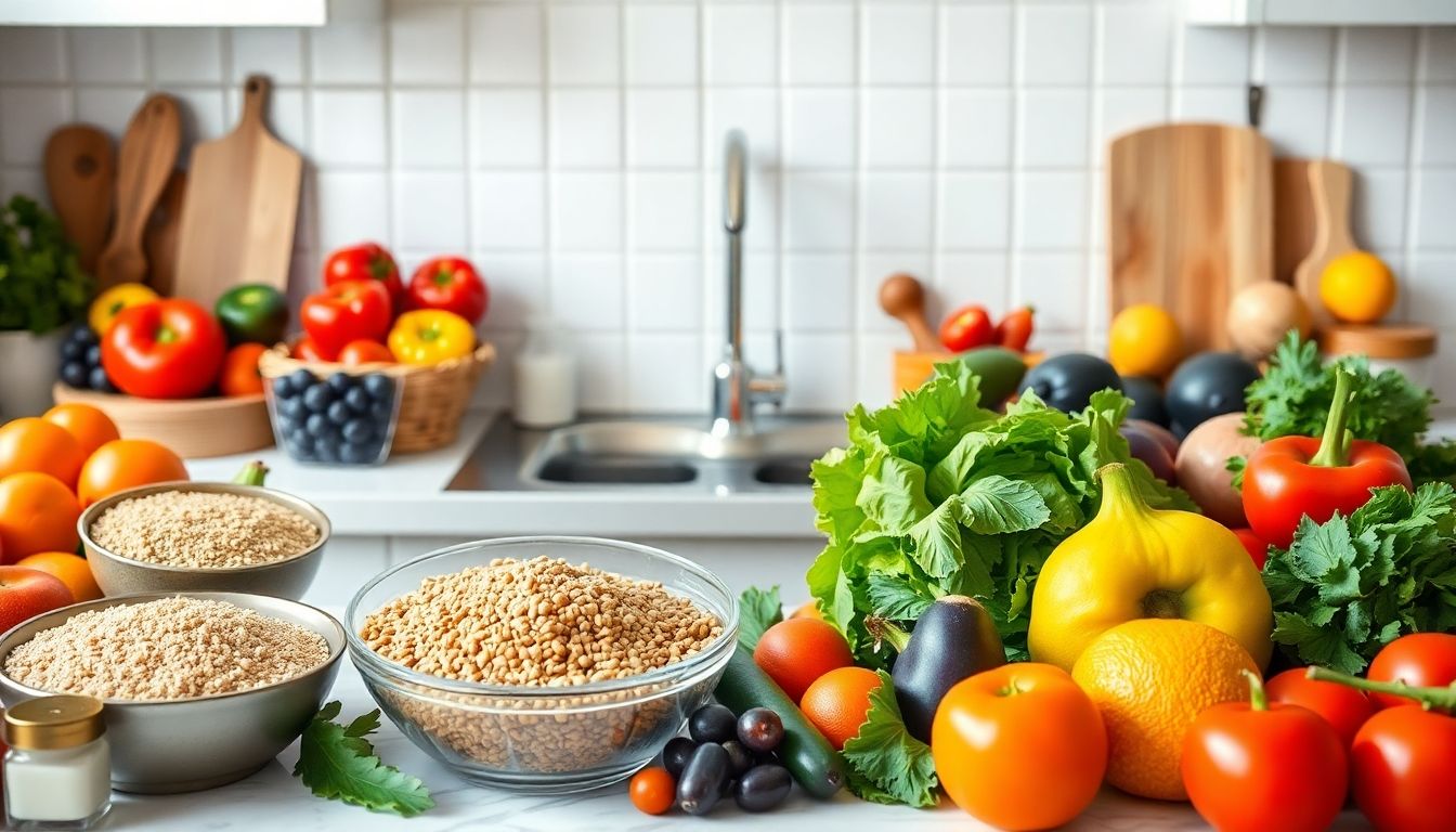 Gluten-Unverträglichkeit: A variety of fresh, healthy foods arranged in a kitchen.