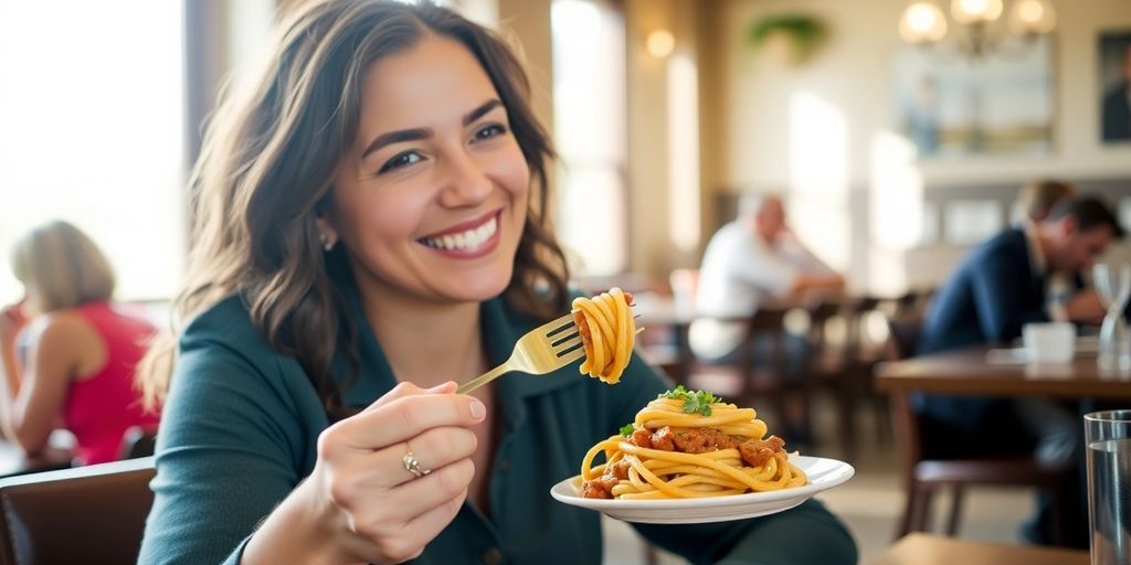 Frau genießt glutenfreies Essen im Restaurant.