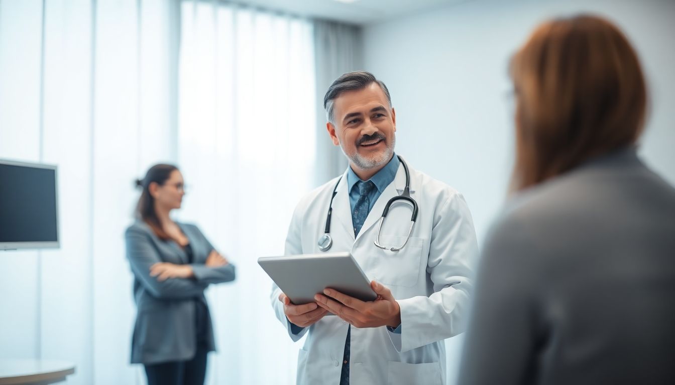 Doctor consulting with patient using a tablet in a bright room.