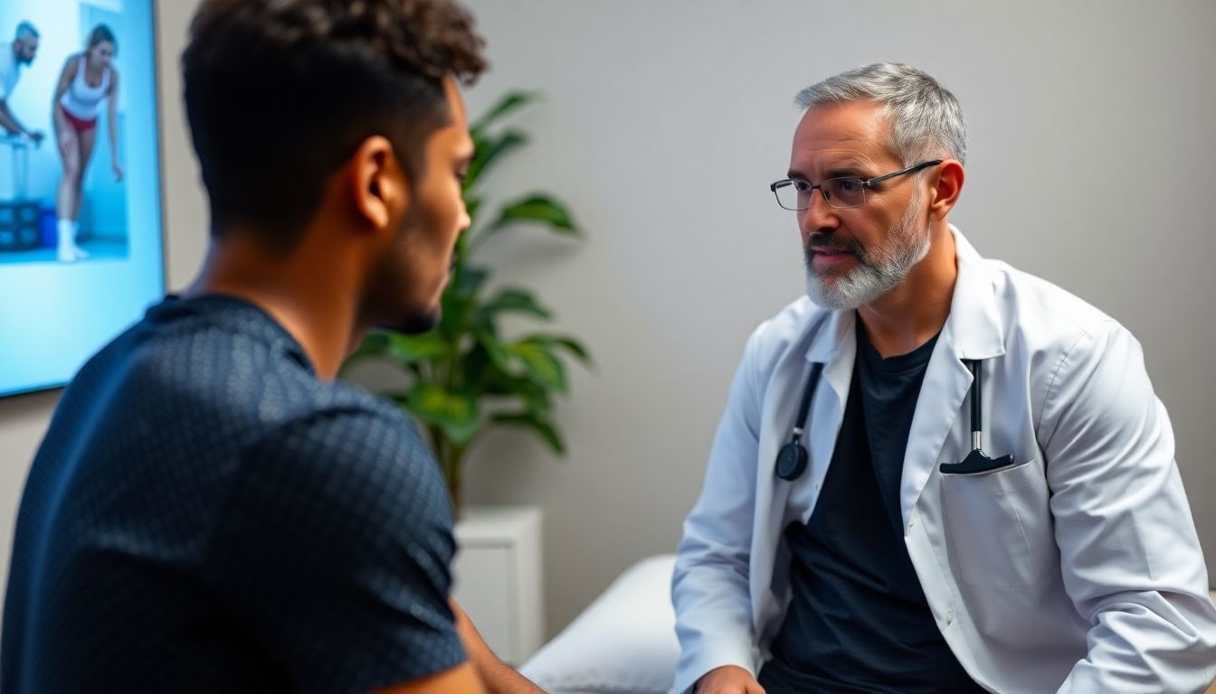 Magnetfeldtherapie in der Sportmedizin: Doctor discussing magnet therapy with a patient and athlete.