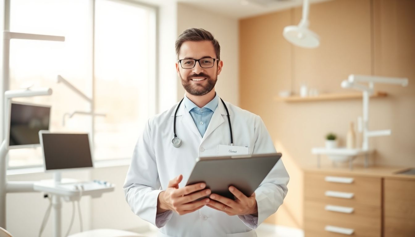 Zahnfüllungen: Dentist holding a tablet in a bright, modern dental office.