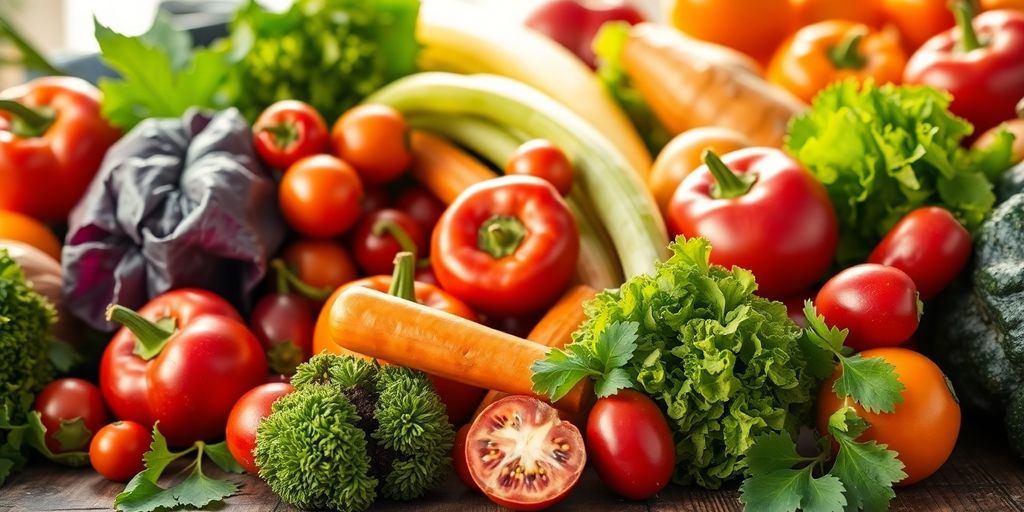 Buntes Gemüse und Obst auf rustikalem Holztisch