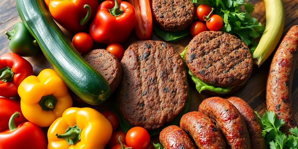 Buntes Gemüse, das Fleischersatzprodukte umrahmt.