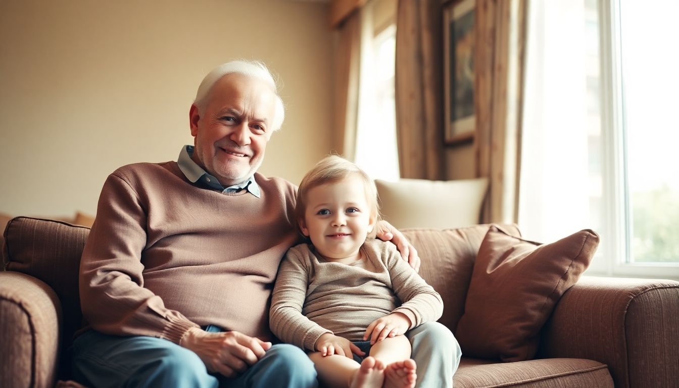 Älteres Paar und Kind lächeln in einer hellen, gemütlichen Umgebung.