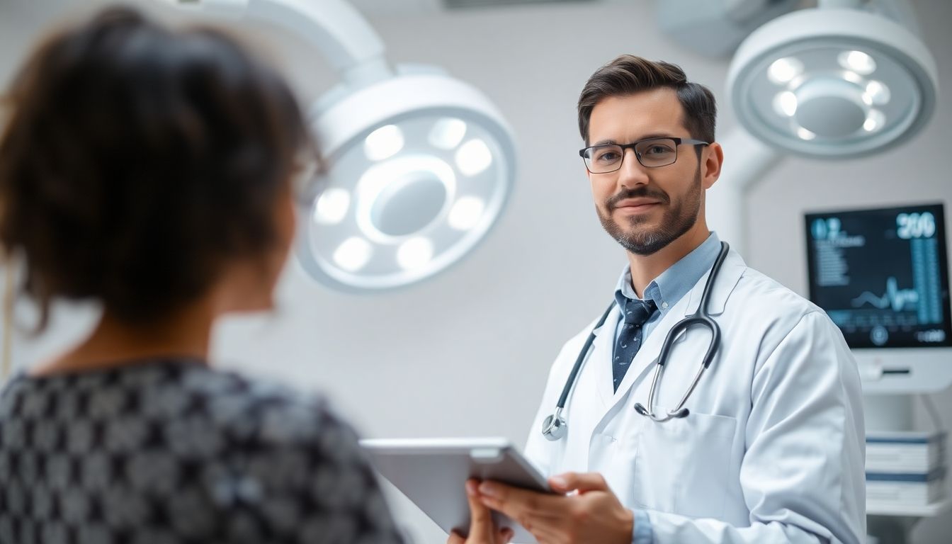 Cholezystektomie: Doctor holding a tablet in a bright medical setting.