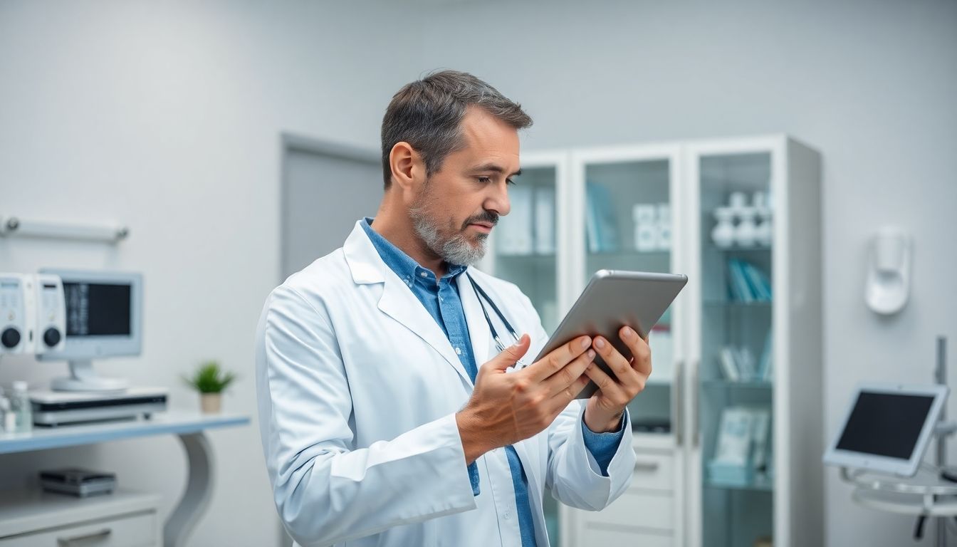 Urostoma: Arzt mit Tablet in heller Umgebung