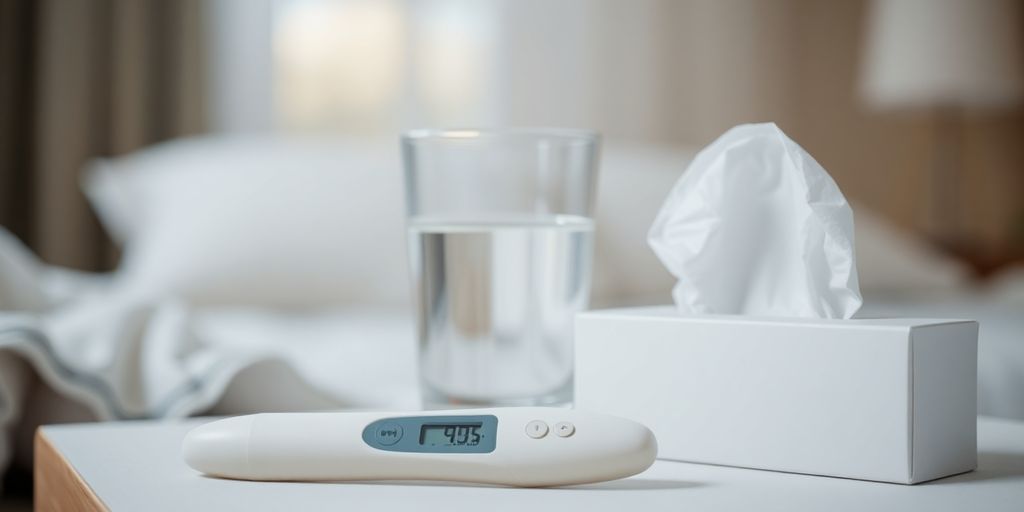 Fiebertherapie: Thermometer, Wasserglas, Taschentücher auf Nachttisch.
