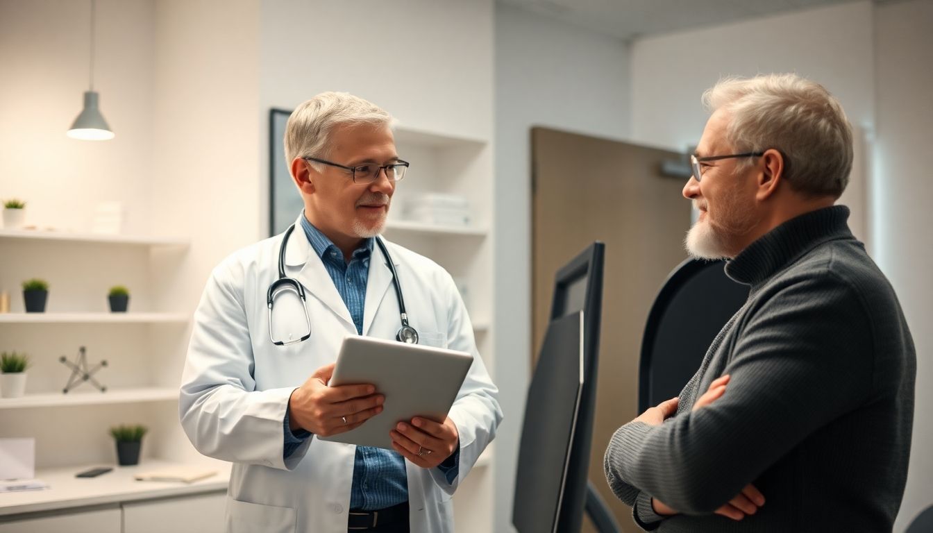 UV-Lichttherapie: Arzt mit Tablet spricht mit Patient über Hautbehandlung.