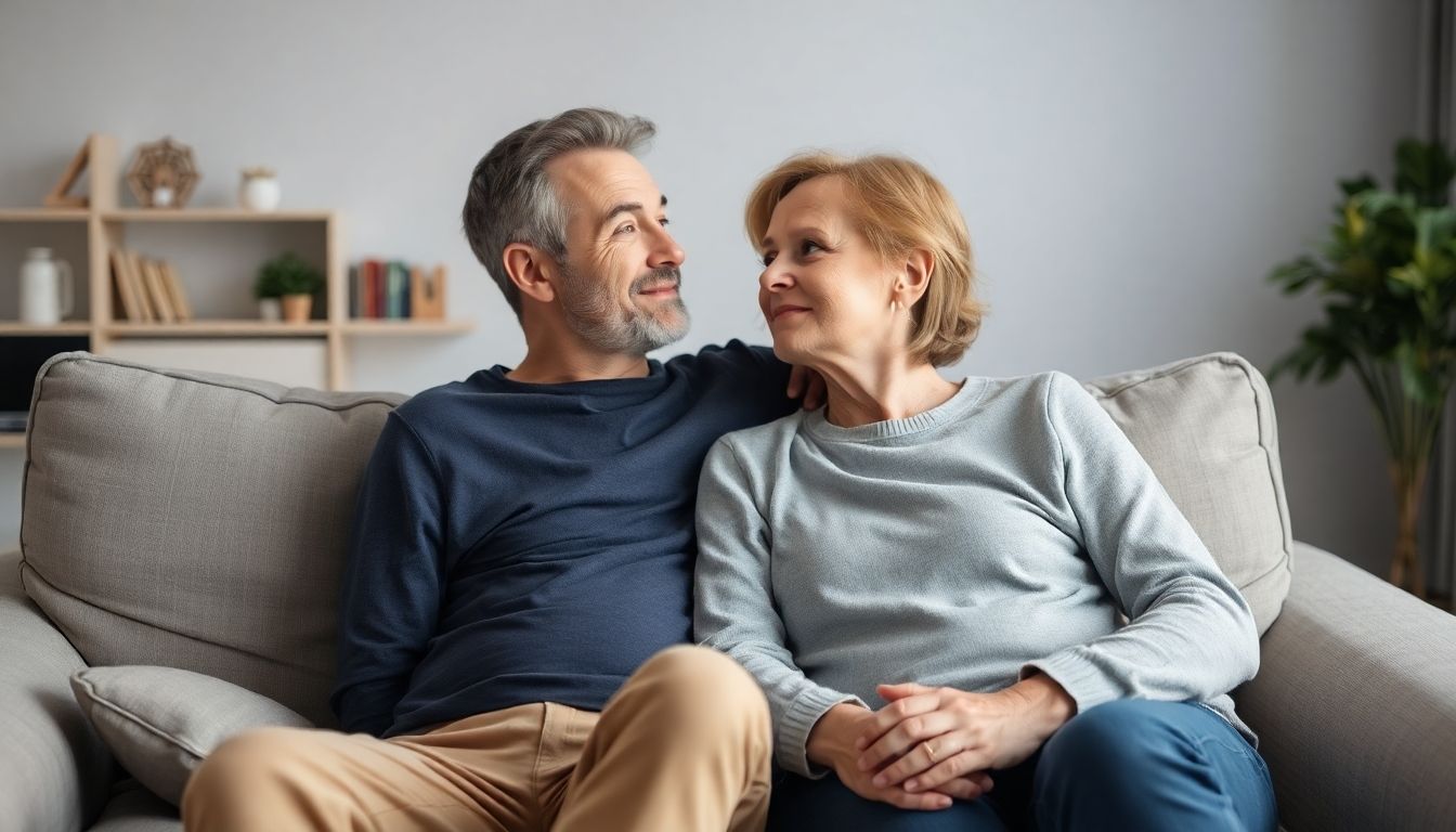 Paartherapie: Ein Paar sitzt auf einem Sofa und spricht miteinander.