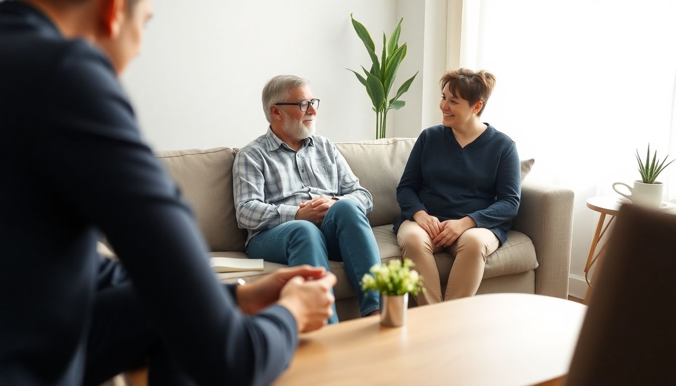 Paartherapie: Therapeut spricht mit einem Paar in einer hellen, modernen Therapiesitzung.