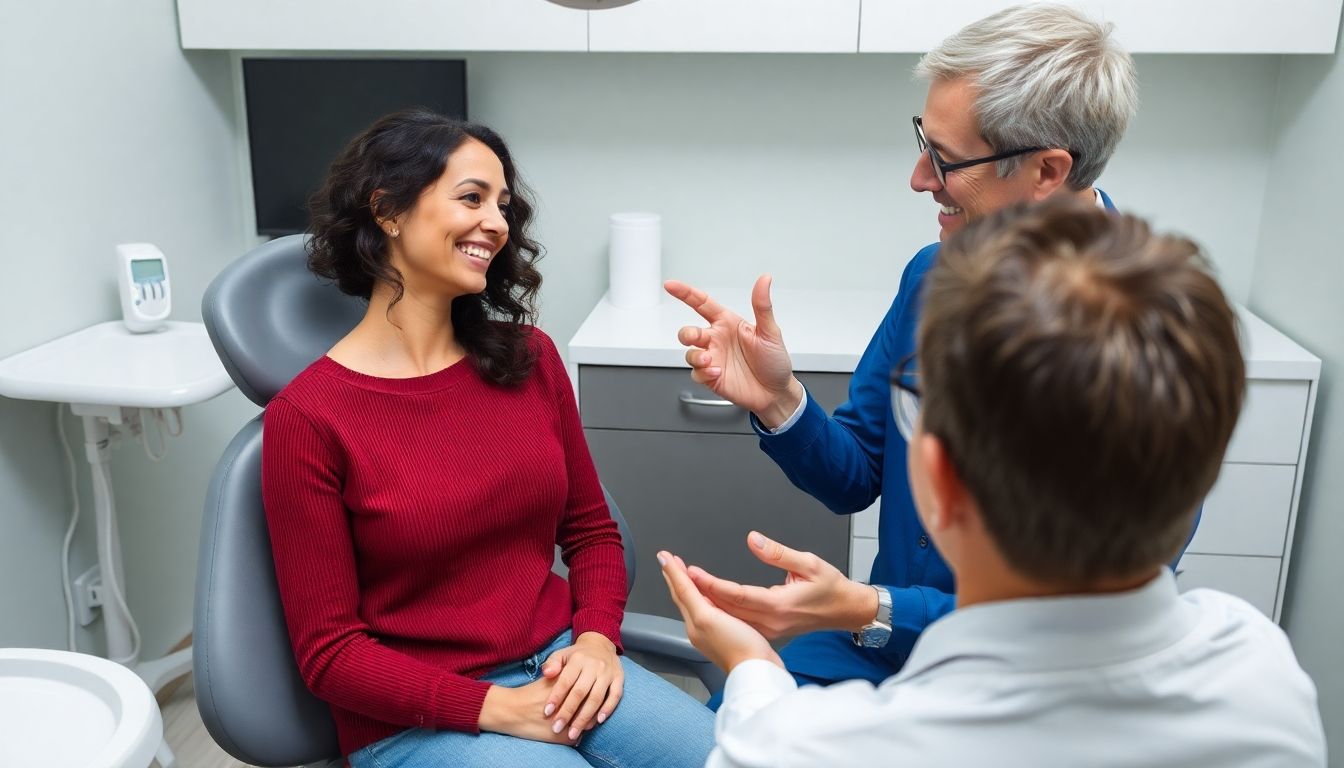 Zahnersatz-Kosten: Patientin lächelt, während Zahnarzt ihr Zahnersatz erklärt.