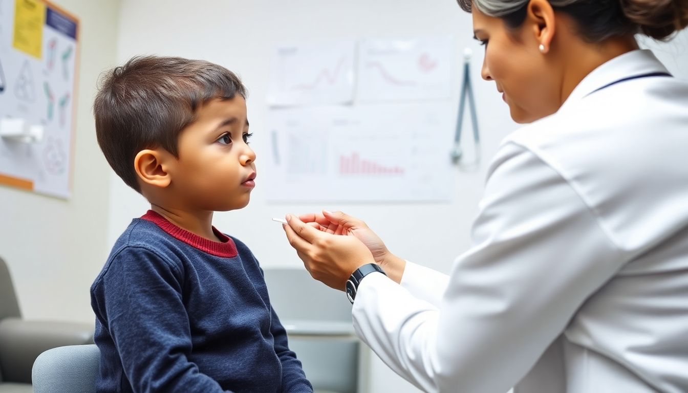 Behandlung von Krätzmilbenbefall: Pediatrician examining a child for scabies treatment.