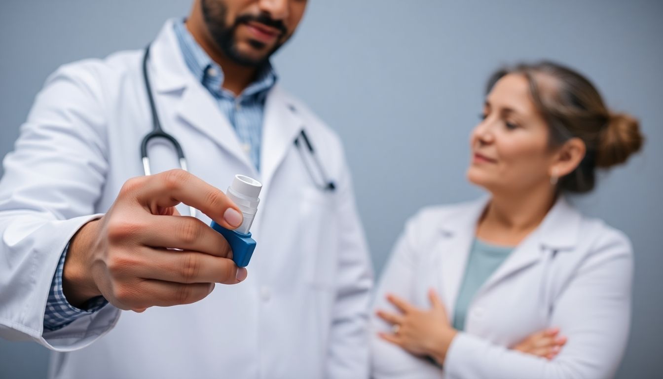 Dosier-Aerosol: Doctor showing a patient how to use a metered-dose inhaler.