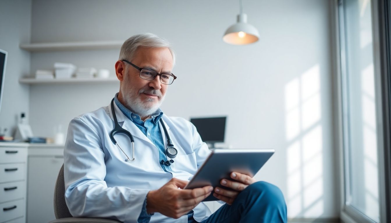 Wurzelbehandlung: Zahnarzt mit Tablet in heller Praxisumgebung.