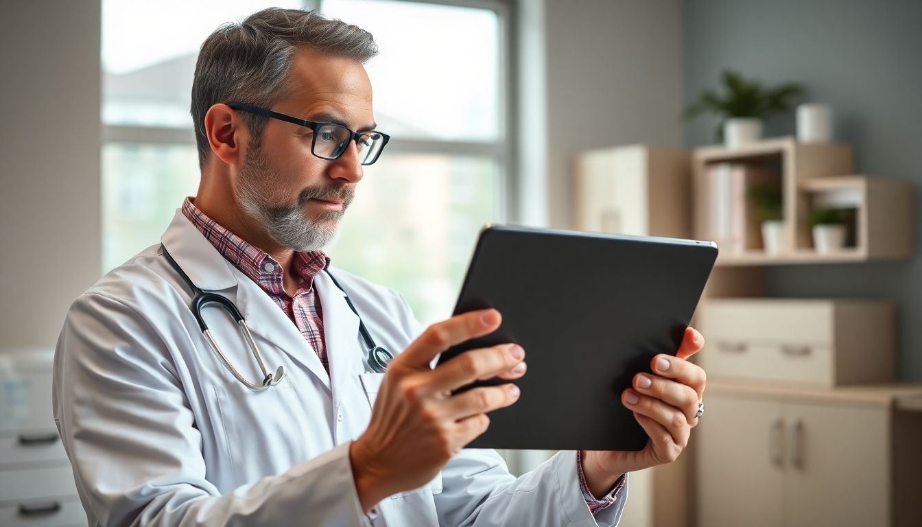 Erfolgsraten und Effektivität der ESWL: Arzt mit Tablet in heller Umgebung, erklärt Nierensteinbehandlung.